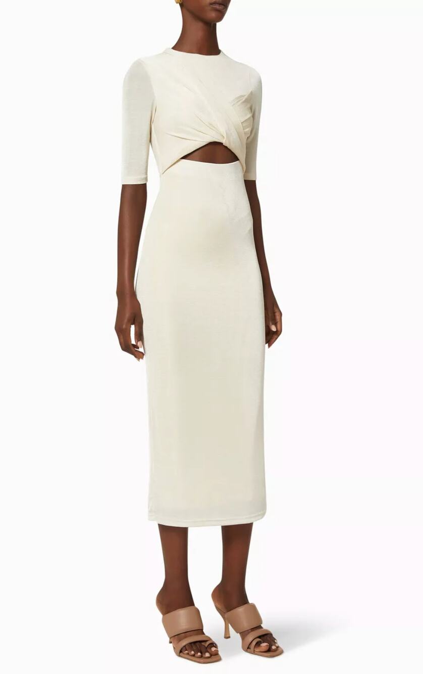 Significant Other Mila Jersey Dress Womens 2 Cream Cut-Out Midi Knot Bodycon
